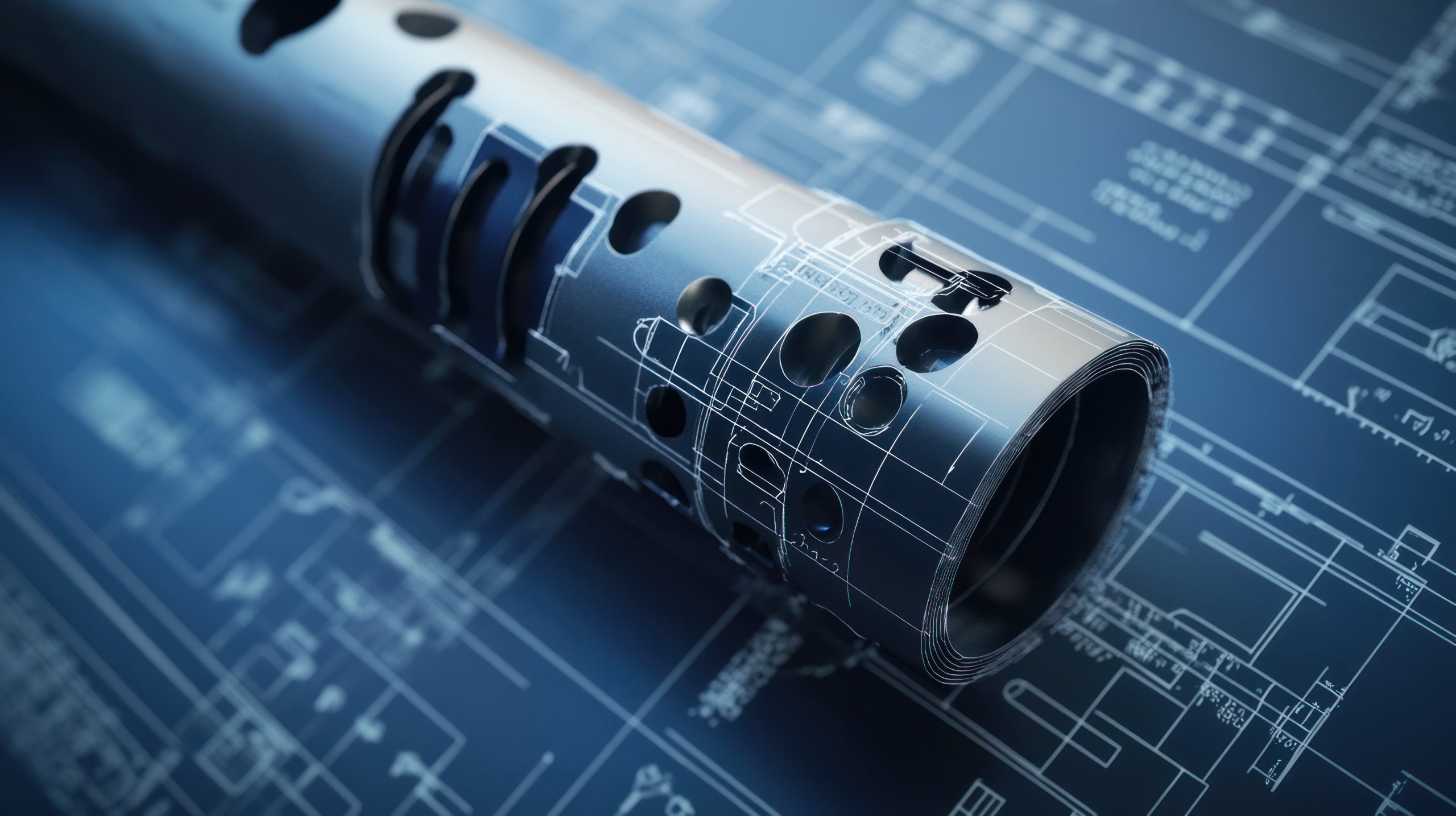 Blueprint of a guns muzzle brake and flash suppressor, photorealistic detail showcasing mechanical components and measurements AdobeStock 1077980286 scaled