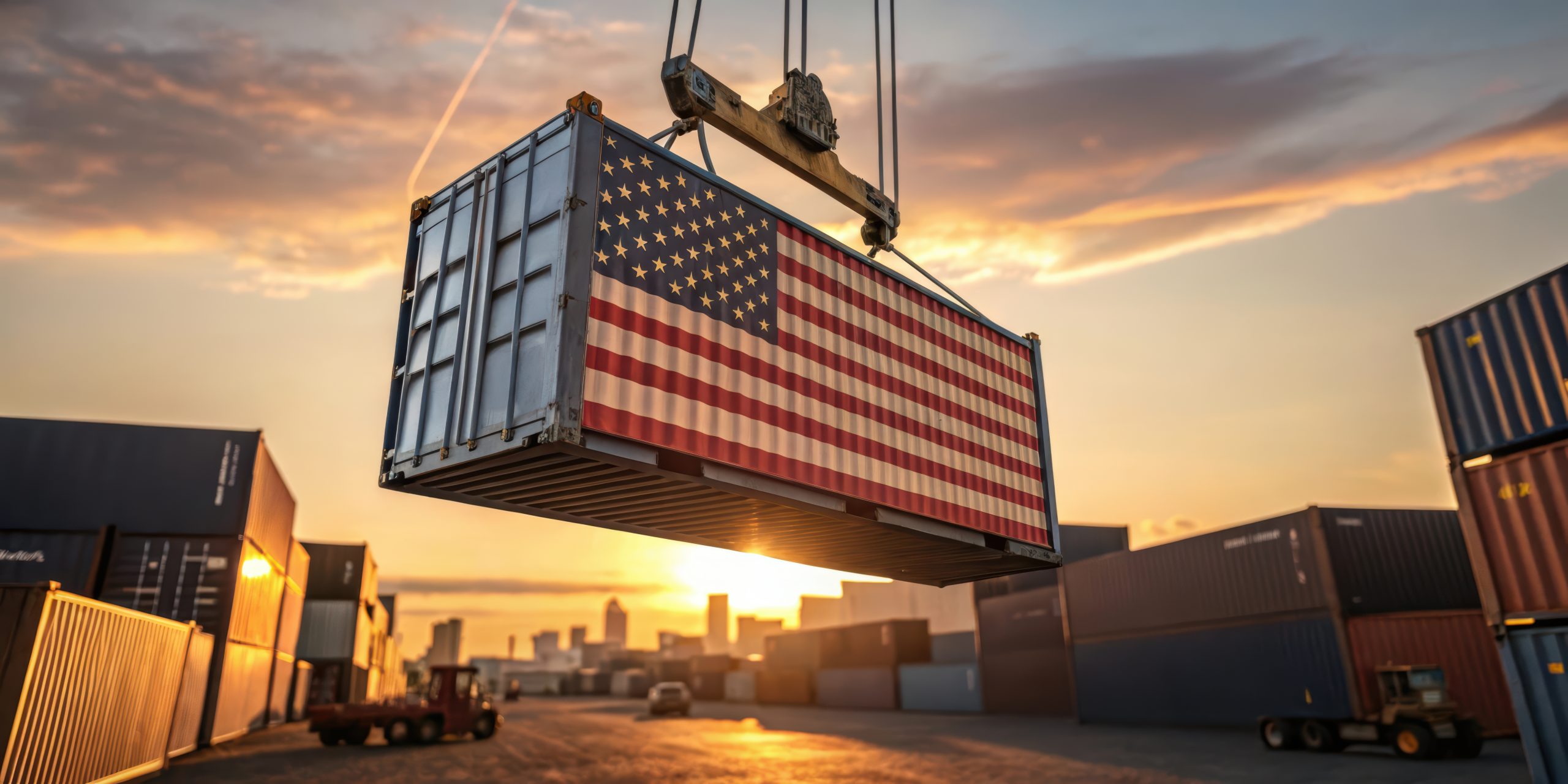 Shipping container with American flag at sunset symbolizing U.S. trade, exports, and global commerce. AdobeStock 1082102953 scaled