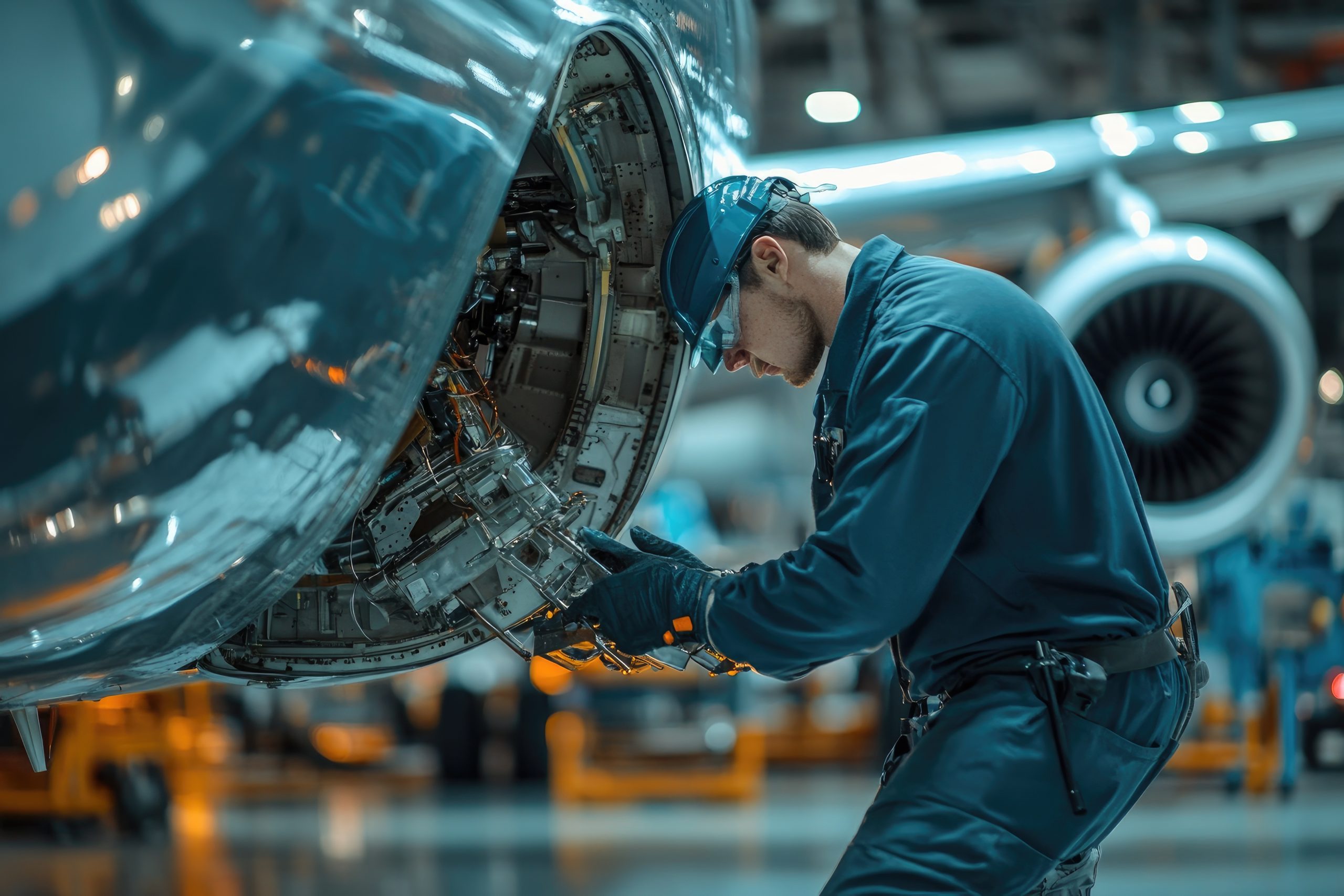 Engineer inspecting airplane landing gear during maintenance in hangar AdobeStock 1241070929 scaled