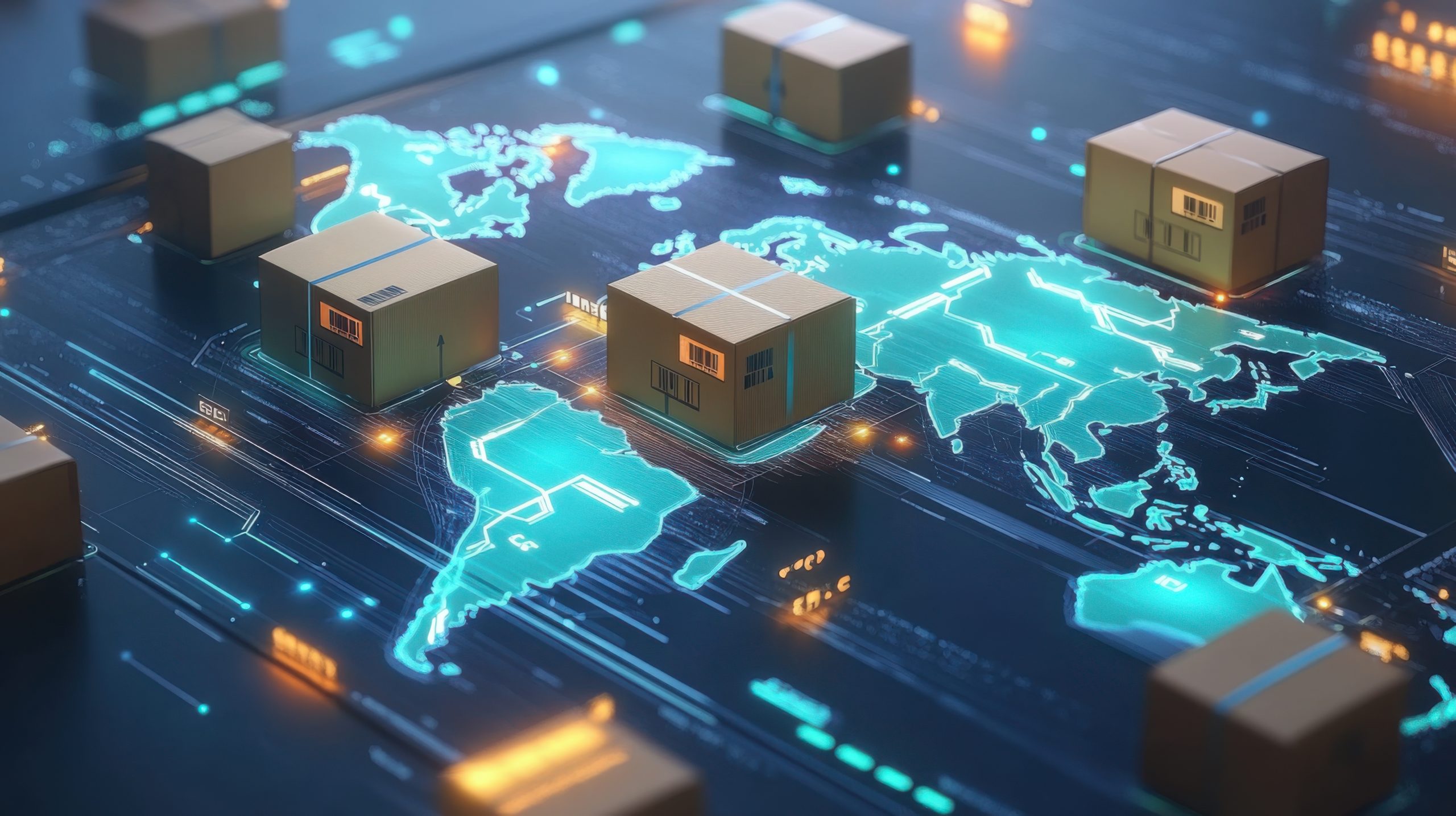 A digital representation of a global shipping network, featuring illuminated maps and cargo boxes, illustrating logistics and supply chain dynamics. Global Supply Chain scaled