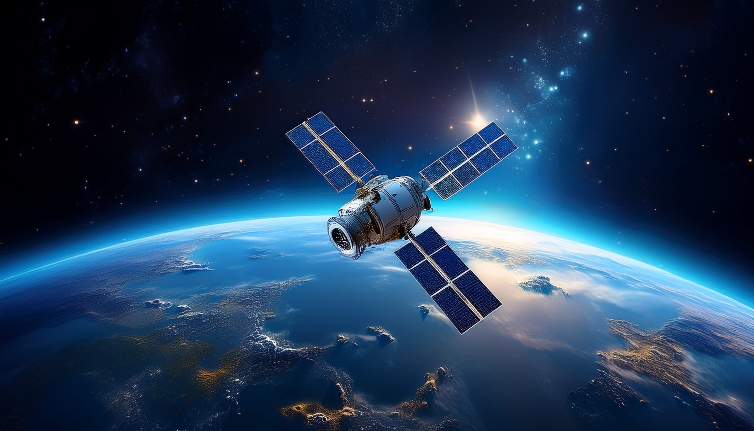 a small satellite is orbiting around the earth capturing high resolution views of the planet which appears glowing in blue and white colors with a space backdrop dotted with subtle stars AdobeStock 1653343244 scaled