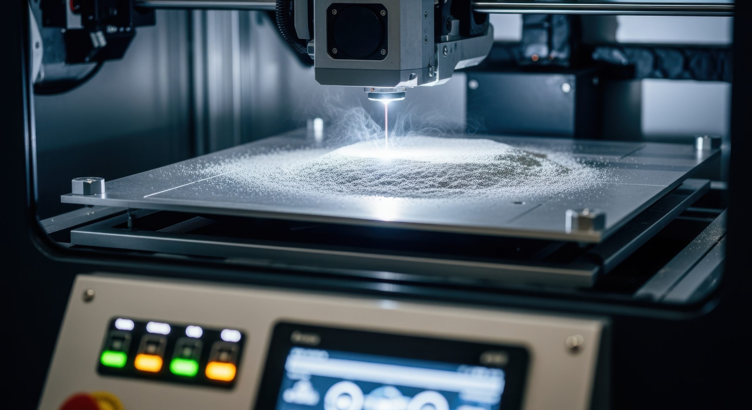 Detailed shot of metal powder bed in a large 3D printer highlighting cuttingedge technology for aerospacegrade part fabrication. Laser Powder Bed scaled