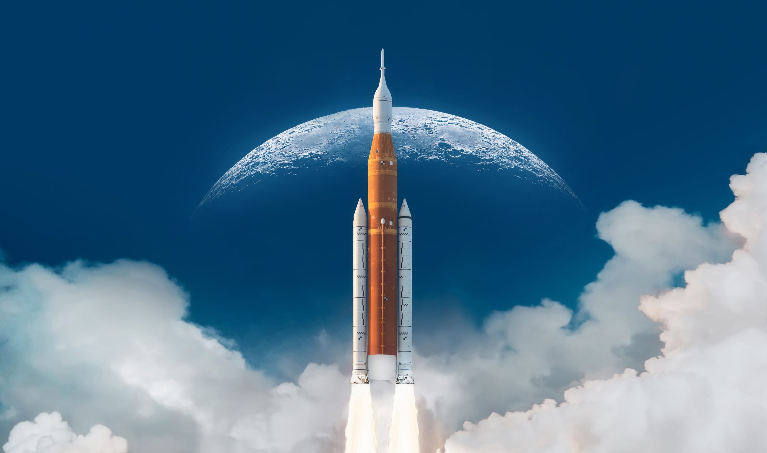 SLS space rocket in sky with clouds. Mission to Moon. Spaceship launch from Earth. Orion spacecraft. Artemis space program to research solar system. Elements of this image furnished by NASA NASA Rocket scaled