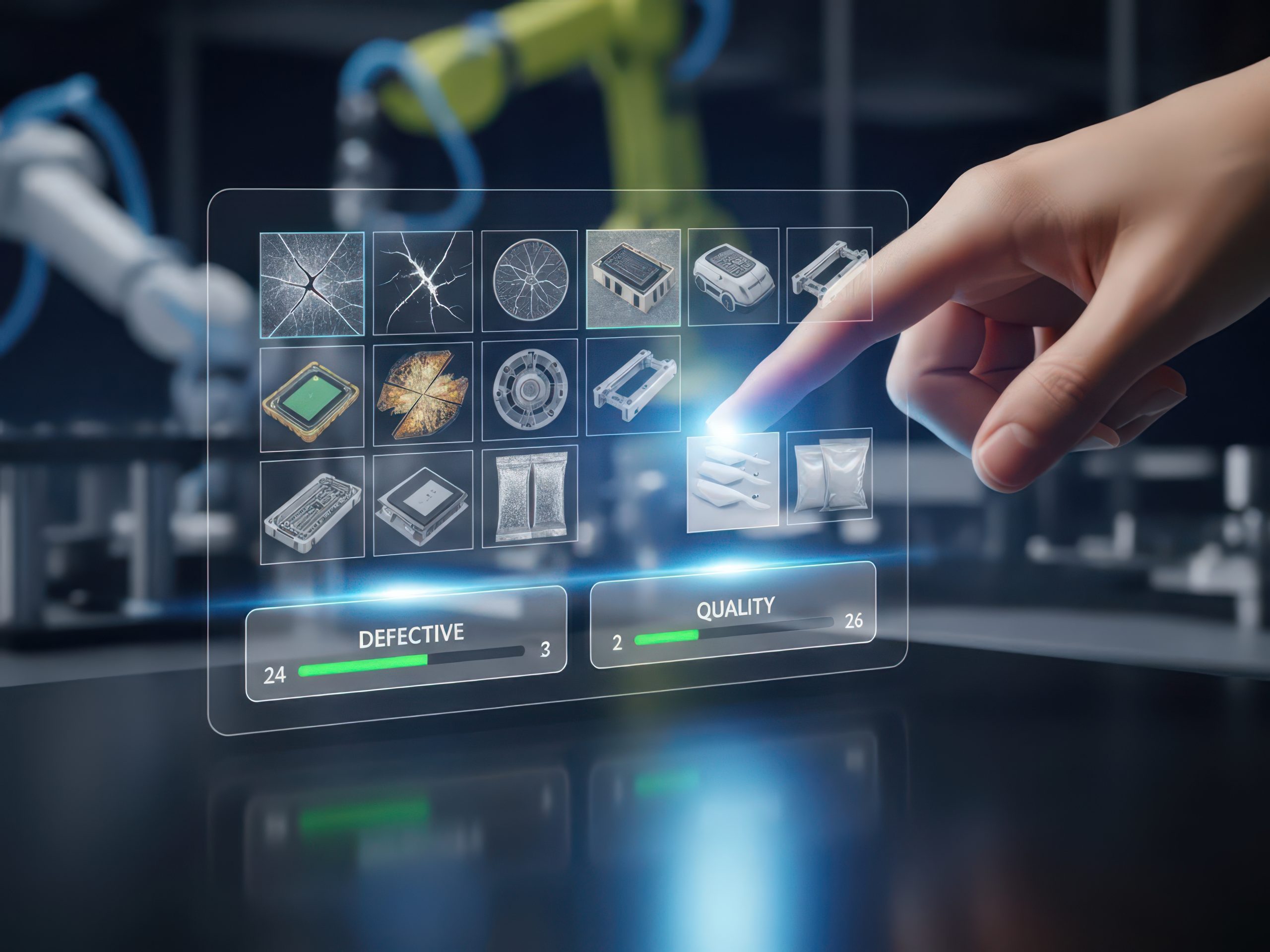 Futuristic concept of a hand training a machine learning model by categorizing images of defective vs quality products, for AI in manufacturing QC ai in Metal AM scaled